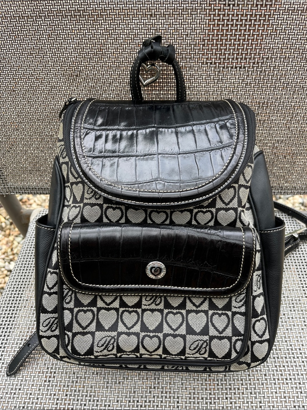 Brighton Black and Cream Heart-Print Backpack with Faux Croc Trim